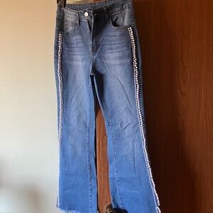 Elegant Blue Flare Jeans with Pearl Accents. Never worn.